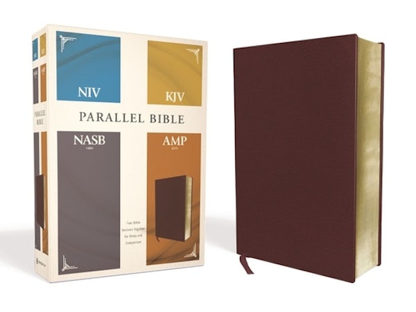 Cover image for Niv, Kjv, Nasb, Amplified, Parallel Bible, Bonded Leather, Burgundy, isbn: 9780310446682