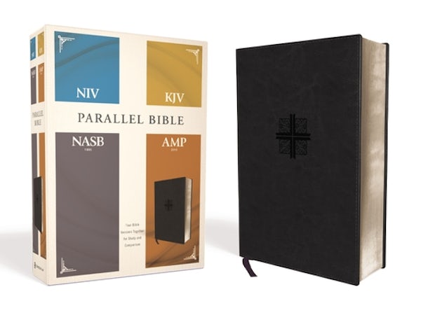 Cover image for Niv, Kjv, Nasb, Amplified, Parallel Bible, Leathersoft, Black, isbn: 9780310446897