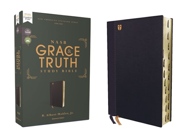 Cover image for Nasb, the Grace and Truth Study Bible (Trustworthy and Practical Insights), Leathersoft, Navy, Red Letter, 1995 Text, Thumb Indexed, Comfort Print, isbn: 9780310447696