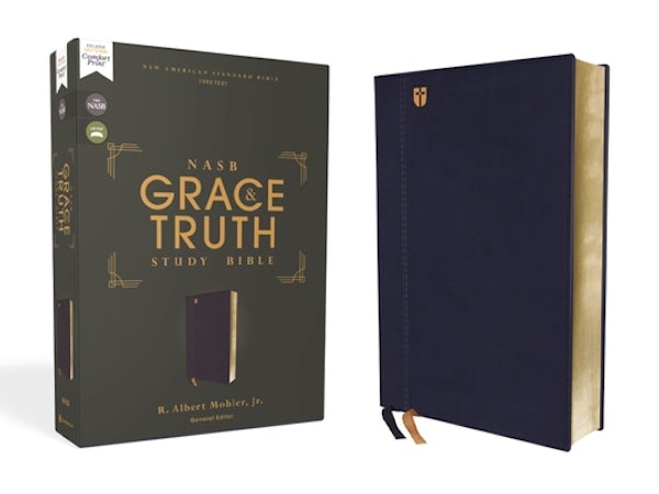 Cover image for Nasb, the Grace and Truth Study Bible (Trustworthy and Practical Insights), Leathersoft, Navy, Red Letter, 1995 Text, Comfort Print, isbn: 9780310447702