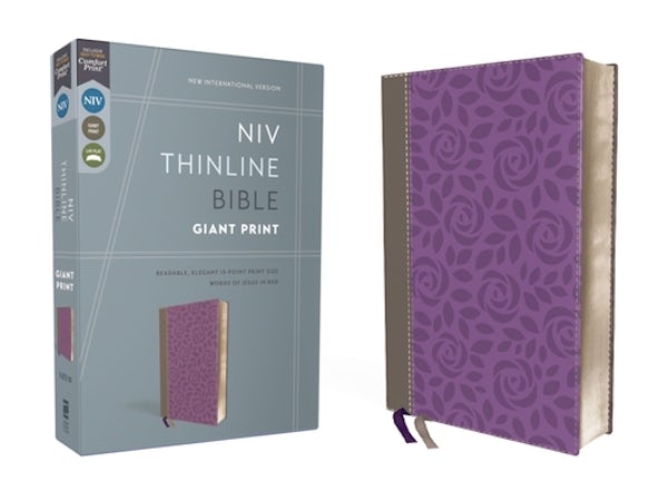 Cover image for NIV, Thinline Bible, Giant Print, Imitation Leather, Gray/Purple, Red Letter Edition, isbn: 9780310448655