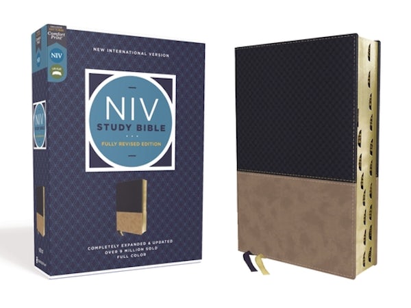 Cover image for NIV Study Bible, Fully Revised Edition, Leathersoft, Navy/Tan, Red Letter, Thumb Indexed, Comfort Print, isbn: 9780310449027