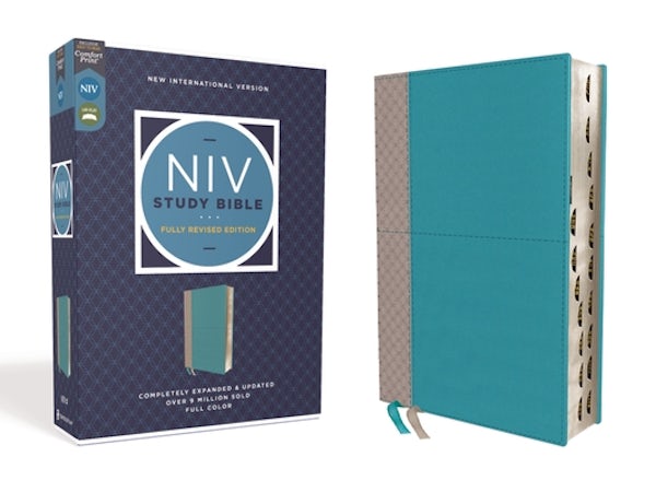 Cover image for NIV Study Bible, Fully Revised Edition, Leathersoft, Teal/Gray, Red Letter, Thumb Indexed, Comfort Print, isbn: 9780310449058