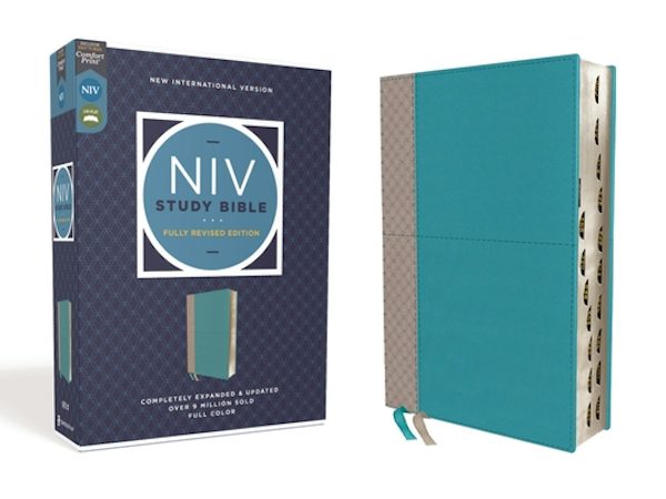 Cover image for NIV Study Bible, Fully Revised Edition, Leathersoft, Teal/Gray, Red Letter, Thumb Indexed, Comfort Print, isbn: 9780310449058