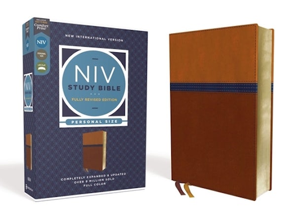 Cover image for NIV Study Bible, Fully Revised Edition, Personal Size, Leathersoft, Brown/Blue, Red Letter, Comfort Print, isbn: 9780310449126