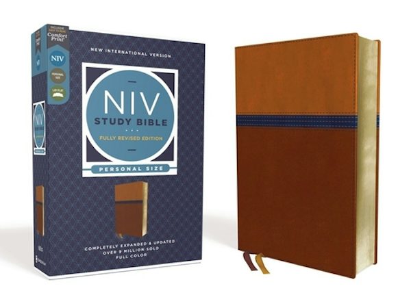 Cover image for NIV Study Bible, Fully Revised Edition, Personal Size, Leathersoft, Brown/Blue, Red Letter, Comfort Print, isbn: 9780310449126