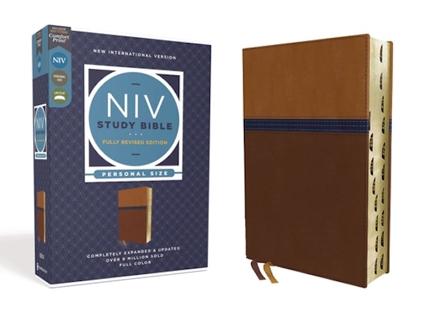 Cover image for NIV Study Bible, Fully Revised Edition, Personal Size, Leathersoft, Brown/Blue, Red Letter, Thumb Indexed, Comfort Print, isbn: 9780310449133