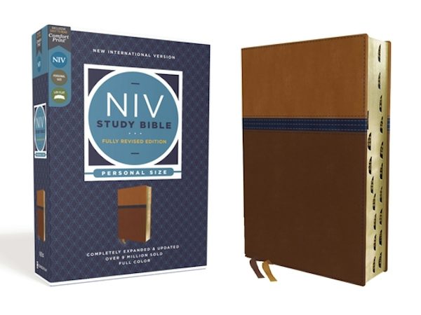 Cover image for NIV Study Bible, Fully Revised Edition, Personal Size, Leathersoft, Brown/Blue, Red Letter, Thumb Indexed, Comfort Print, isbn: 9780310449133