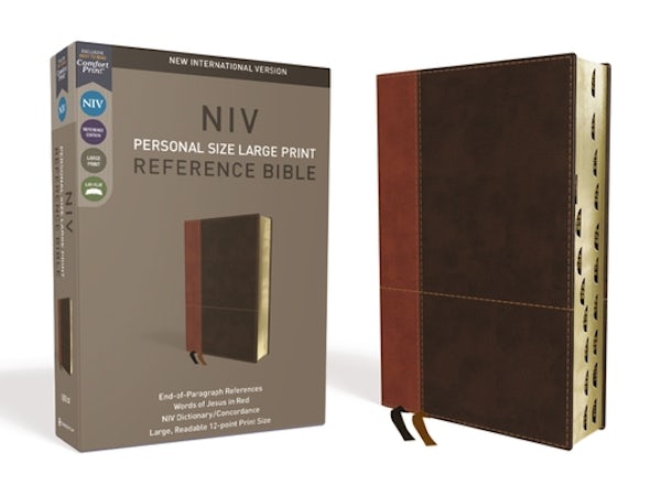 Cover image for NIV, Personal Size Reference Bible, Large Print, Imitation Leather, Brown, Indexed, Red Letter Edition, Comfort Print, isbn: 9780310449737