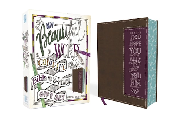 Cover image for Niv, Beautiful Word Coloring Bible and 8-Pencil Gift Set, Leathersoft, Brown, isbn: 9780310452324