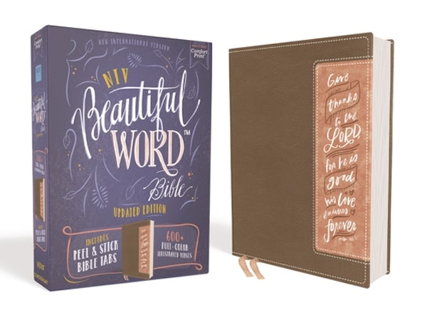 Cover image for Niv, Beautiful Word Bible, Updated Edition, Peel/Stick Bible Tabs, Leathersoft, Brown/Pink, Red Letter, Comfort Print, isbn: 9780310453444