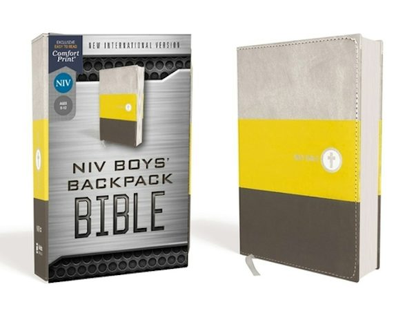 Cover image for Niv, Boys' Backpack Bible, Compact, Leathersoft, Yellow/Gray, Red Letter Edition, Comfort Print, isbn: 9780310455004