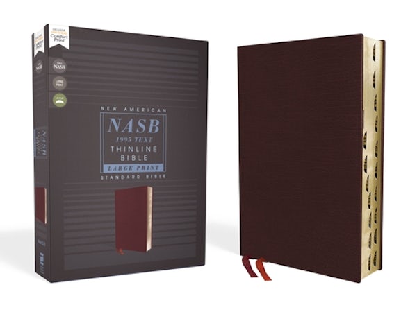 Cover image for Nasb, Thinline Bible, Large Print, Bonded Leather, Burgundy, Red Letter Edition, 1995 Text, Thumb Indexed, Comfort Print, isbn: 9780310456377