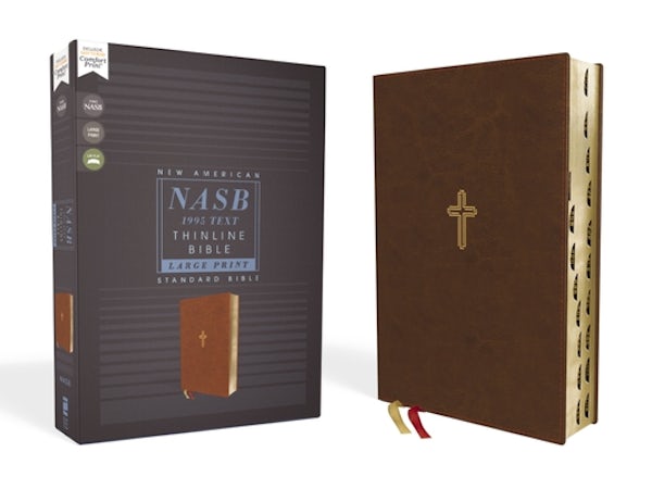 Cover image for Nasb, Thinline Bible, Large Print, Leathersoft, Brown, Red Letter Edition, 1995 Text, Thumb Indexed, Comfort Print, isbn: 9780310456384