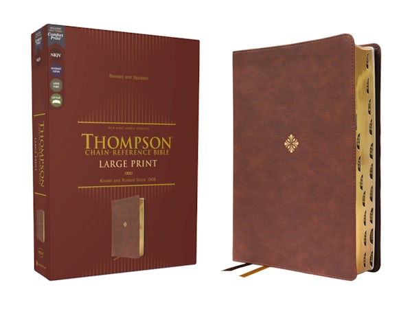 Cover image for Nkjv, Thompson Chain-Reference Bible, Large Print, Leathersoft, Brown, Red Letter, Thumb Indexed, Comfort Print, isbn: 9780310459354