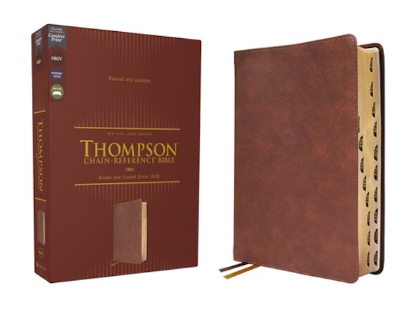 Cover image for Nkjv, Thompson Chain-Reference Bible, Leathersoft, Brown, Red Letter, Thumb Indexed, Comfort Print, isbn: 9780310459422