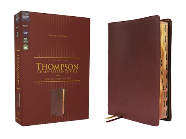 Cover image for Nkjv, Thompson Chain-Reference Bible, Genuine Leather, Calfskin, Burgundy, Red Letter, Thumb Indexed, Comfort Print, isbn: 9780310459460