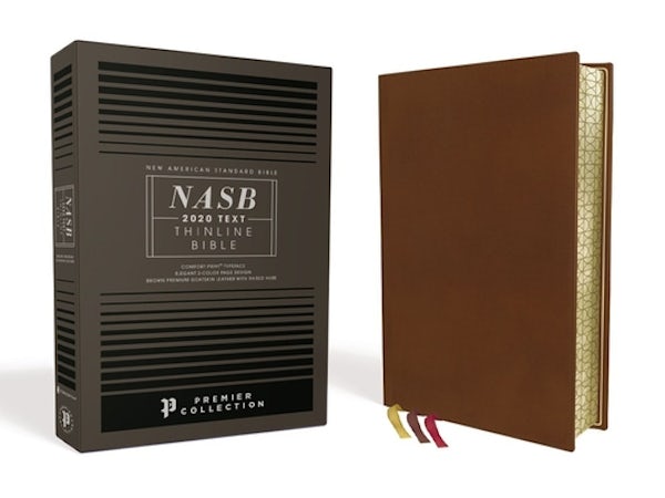Cover image for Nasb, Thinline Bible, Premium Goatskin Leather, Brown, Premier Collection, Black Letter, Gauffered Edges, 2020 Text, Comfort Print, isbn: 9780310460534