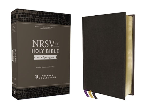 Cover image for Nrsvue, Holy Bible with Apocrypha, Premium Goatskin Leather, Black, Premier Collection, Art Gilded Edges, Comfort Print, isbn: 9780310461500