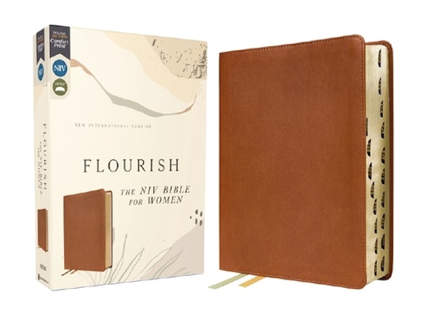 Cover image for Flourish: The NIV Bible for Women, Leathersoft, Brown, Thumb Indexed, Comfort Print, isbn: 9780310462491