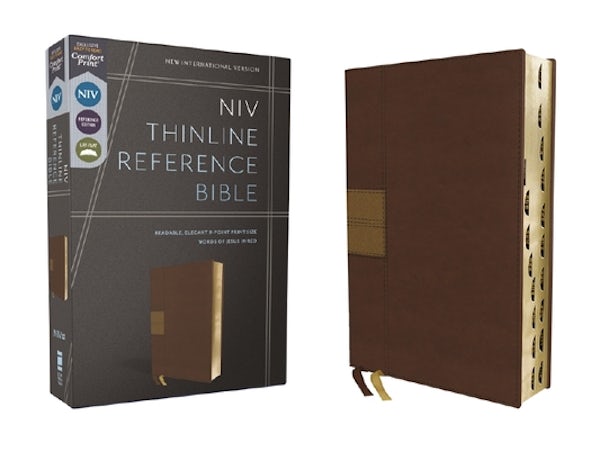 Cover image for Niv, Thinline Reference Bible (Deep Study at a Portable Size), Leathersoft, Brown, Red Letter, Thumb Indexed, Comfort Print, isbn: 9780310462712