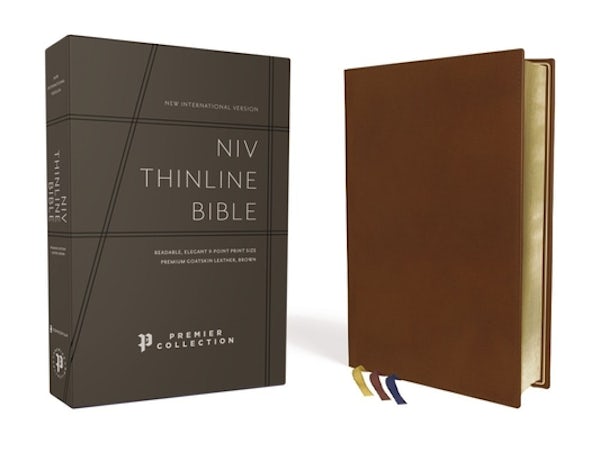 Cover image for Niv, Thinline Bible, Premium Goatskin Leather, Brown, Premier Collection, Black Letter, Art Gilded Edges, Comfort Print, isbn: 9780310462750
