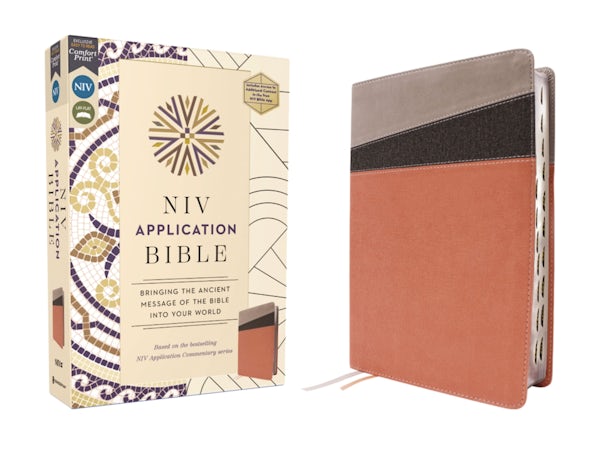Cover image for NIV Application Bible, Leathersoft, Coral/Gray, Red Letter, Thumb Indexed, Comfort Print, isbn: 9780310465188