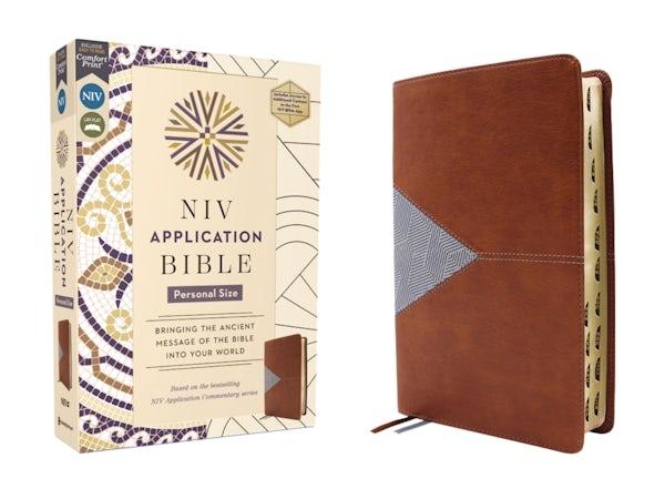Cover image for NIV Application Bible, Personal Size, Leathersoft, Brown/Blue, Red Letter, Indexed, Comfort Print, isbn: 9780310465256