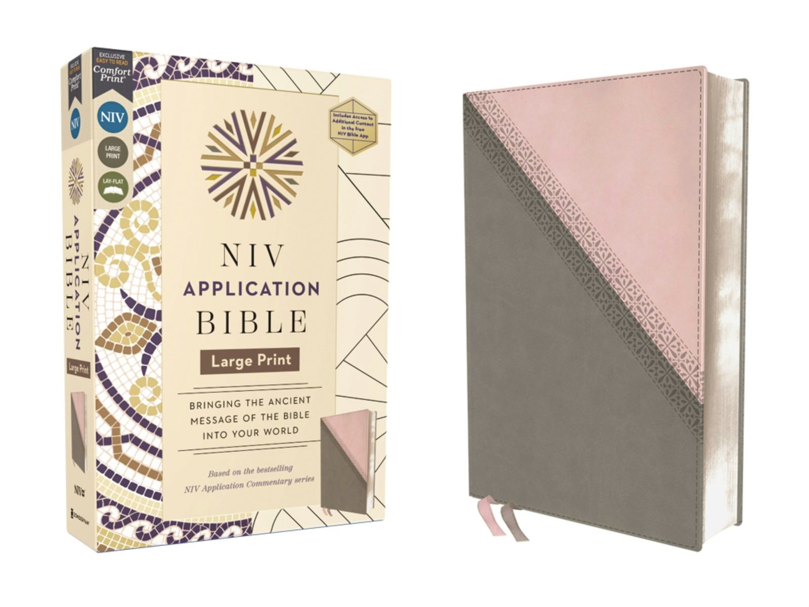 Cover image for NIV Application Bible, Large Print, Leathersoft, Pink/Gray, Red Letter, Comfort Print, isbn: 9780310465331