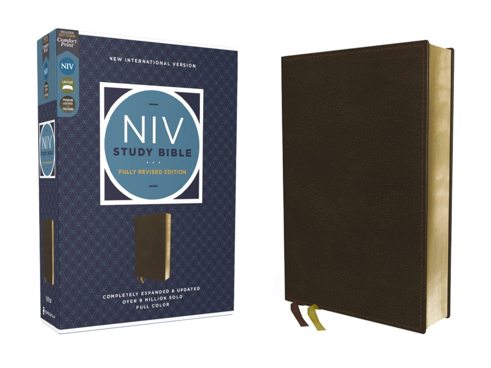 Cover image for NIV Study Bible, Fully Revised Edition (Study Deeply. Believe Wholeheartedly.), Genuine Leather, Calfskin, Brown, Red Letter, Comfort Print, isbn: 9780310465805