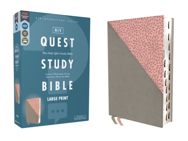 Cover image for Niv, Quest Study Bible, Large Print, Leathersoft, Gray/Pink, Thumb Indexed, Comfort Print, isbn: 9780310465843