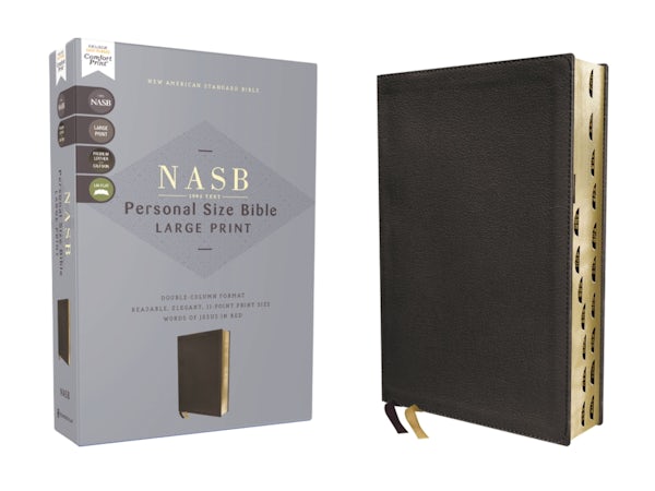 Cover image for Nasb, Personal Size Bible, Large Print, Genuine Leather, Calfskin, Black, Red Letter, 1995 Text, Thumb Indexed, Comfort Print, isbn: 9780310465997
