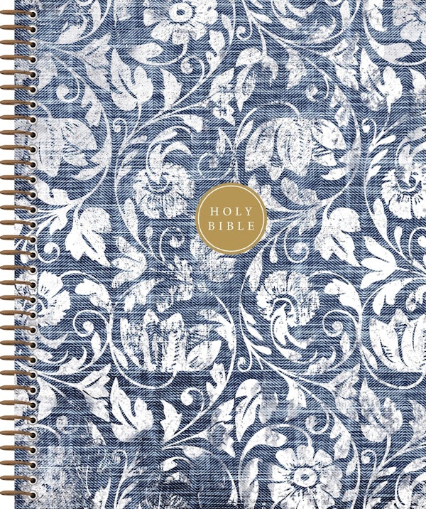 Cover image for Niv, Journal the Word Bible, Spiral-Bound Edition, Double-Column, Hardcover Spiral, Blue Floral, Red Letter, Comfort Print, isbn: 9780310469988