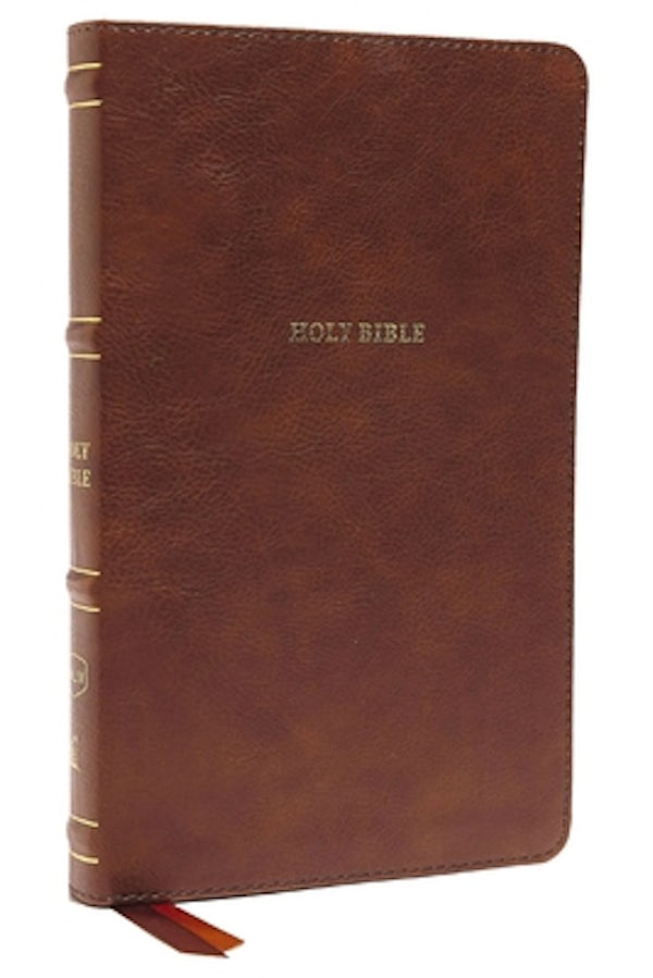 Cover image for Nkjv, Thinline Bible, Leathersoft, Brown, Thumb Indexed, Red Letter Edition, Comfort Print, isbn: 9780785234401