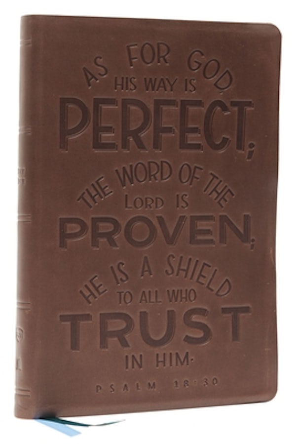 Cover image for Nkjv, Thinline Bible, Verse Art Cover Collection, Genuine Leather, Brown, Thumb Indexed, Red Letter, Comfort Print, isbn: 9780785242529