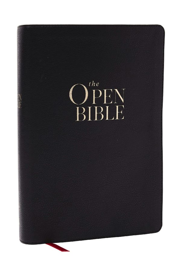 Cover image for The Open Bible: Read and Discover the Bible for Yourself (Nkjv, Black Leathersoft, Red Letter, Comfort Print), isbn: 9781400344031