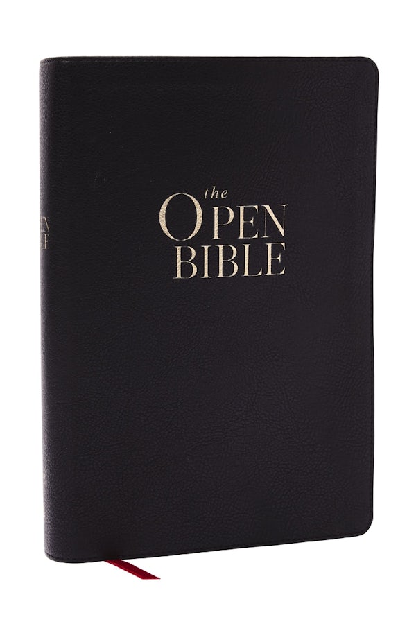 Cover image for The Open Bible: Read and Discover the Bible for Yourself (Nkjv, Black Leathersoft, Red Letter, Comfort Print, Thumb Indexed), isbn: 9781400344079