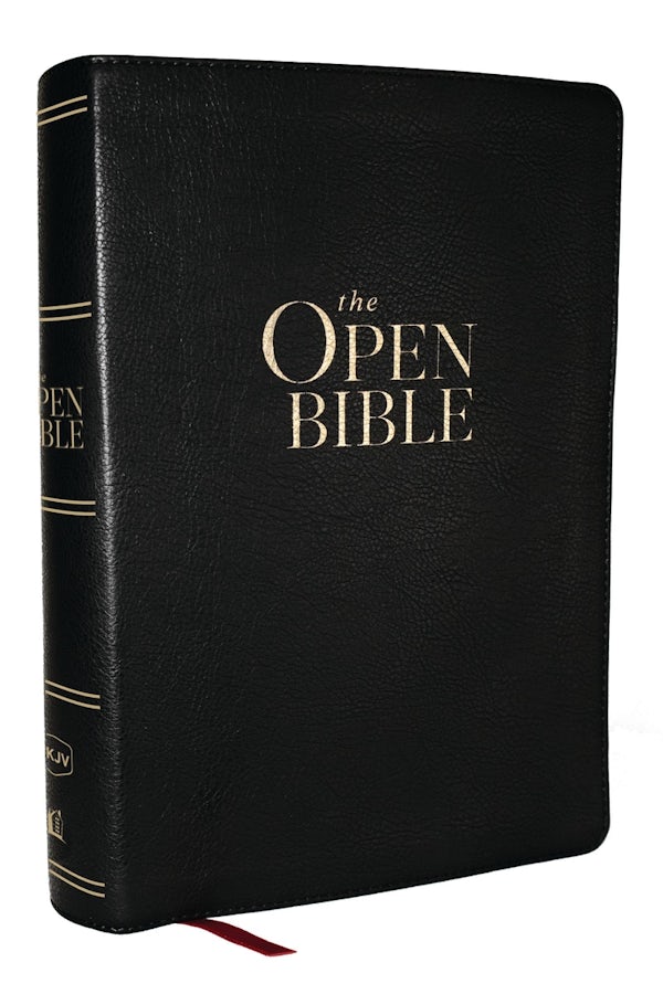 Cover image for The Open Bible: Read and Discover the Bible for Yourself (Kjv, Black Leathersoft, Red Letter, Comfort Print, Thumb Indexed), isbn: 9781400352395