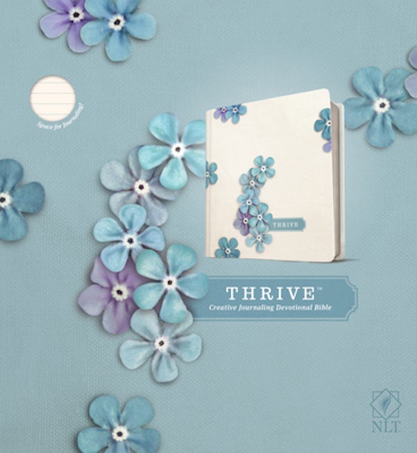 Cover image for NLT Thrive Creative Journaling Devotional Bible (Hardcover, Blue Flowers), isbn: 9781414368139