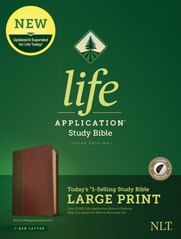 Cover image for NLT Life Application Study Bible, Third Edition, Large Print (Red Letter, Leatherlike, Brown/Tan, Indexed), isbn: 9781496443861