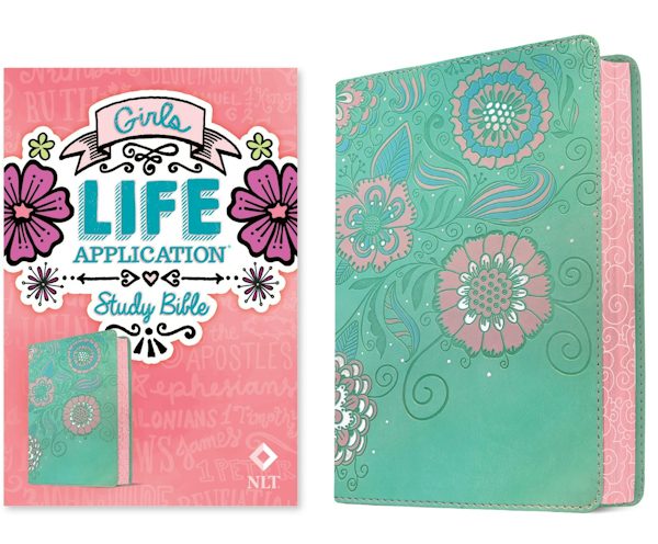 Cover image for NLT Girls Life Application Study Bible (Leatherlike, Teal/Pink Flowers), isbn: 9781496445384