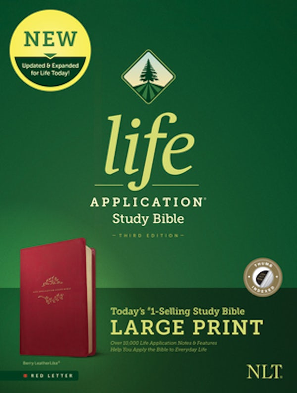 Cover image for NLT Life Application Study Bible, Third Edition, Large Print (Red Letter, Leatherlike, Berry, Indexed), isbn: 9781496446855