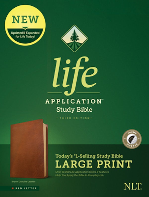 Cover image for NLT Life Application Study Bible, Third Edition, Large Print (Red Letter, Genuine Leather, Brown, Indexed), isbn: 9781496446893