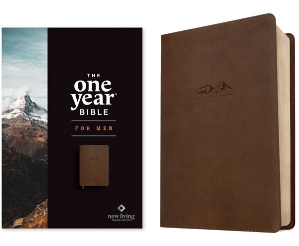Cover image for NLT the One Year Bible for Men (Leatherlike, Rustic Brown Mountain), isbn: 9781496449528