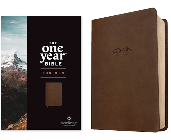Cover image for NLT the One Year Bible for Men (Leatherlike, Rustic Brown Mountain), isbn: 9781496449528