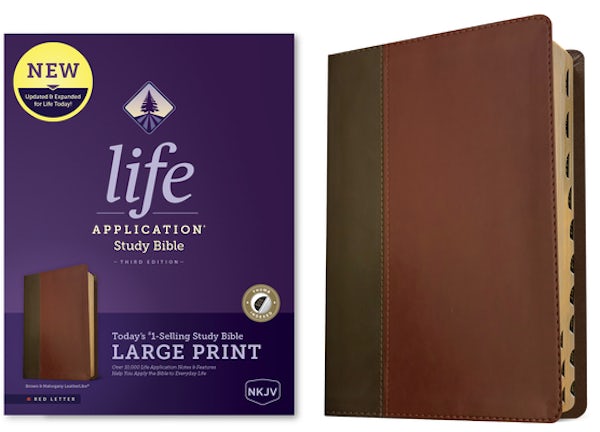 Cover image for NKJV Life Application Study Bible, Third Edition, Large Print (Leatherlike, Brown/Mahogany, Indexed, Red Letter), isbn: 9781496452061