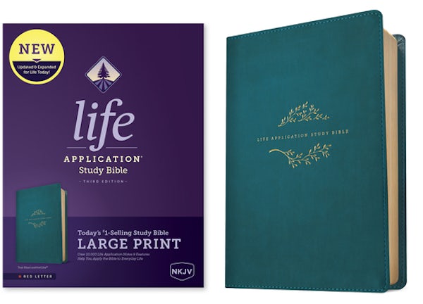 Cover image for NKJV Life Application Study Bible, Third Edition, Large Print (Leatherlike, Teal Blue, Red Letter), isbn: 9781496452078