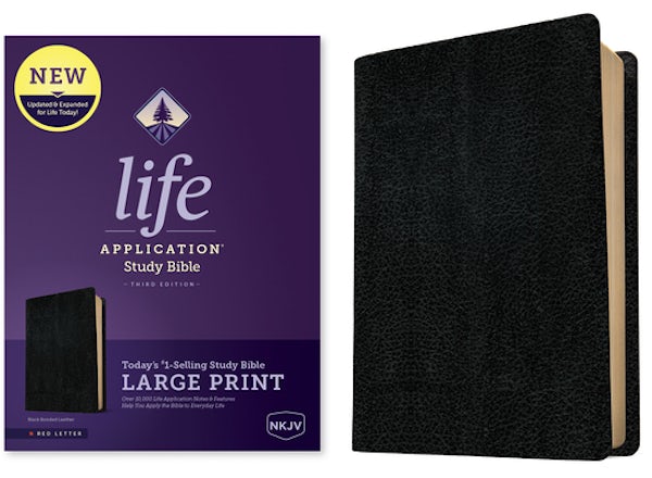 Cover image for NKJV Life Application Study Bible, Third Edition, Large Print (Bonded Leather, Black, Red Letter), isbn: 9781496452092