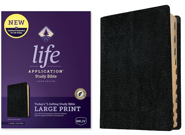 Cover image for NKJV Life Application Study Bible, Third Edition, Large Print (Bonded Leather, Black, Indexed, Red Letter), isbn: 9781496452108