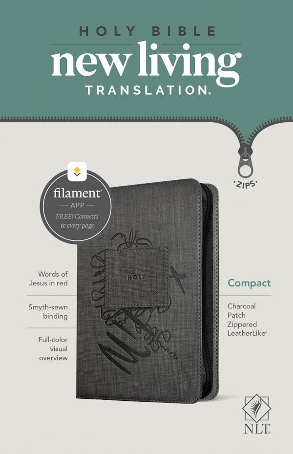 Cover image for NLT Compact Zipper Bible, Filament Enabled (Leatherlike, Charcoal Patch, Red Letter), isbn: 9781496455512